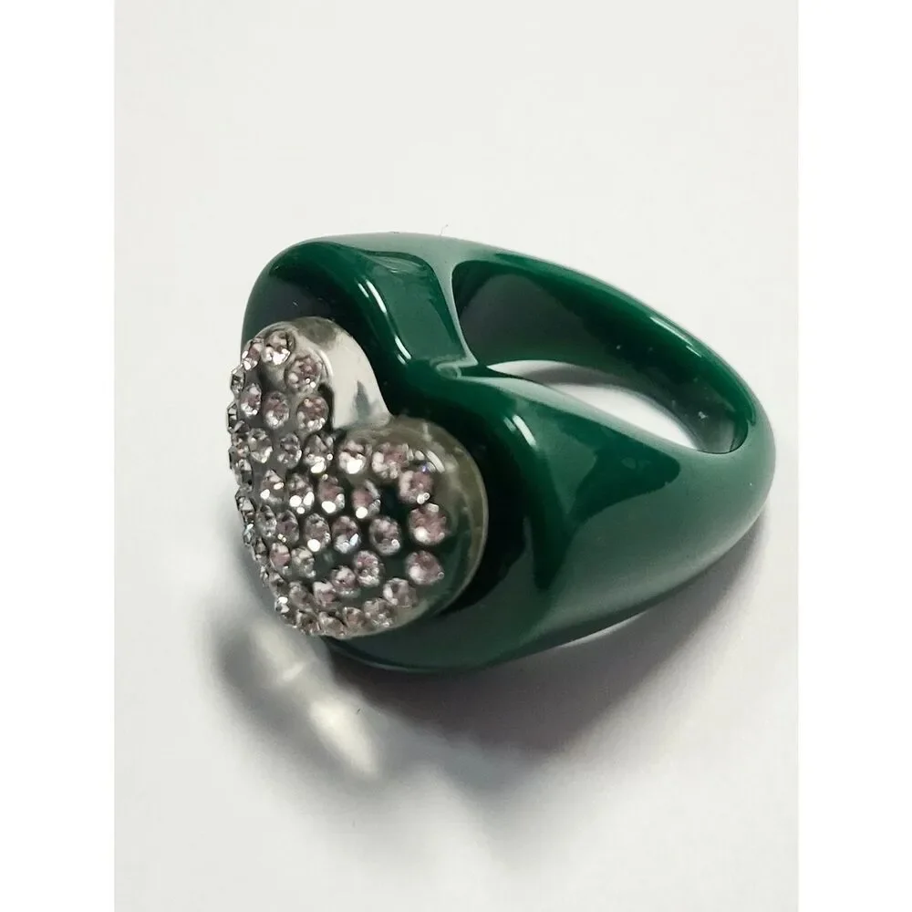 Sparklemuse Acrylic Rhinestone Heart On Heart Ring Size 8 Green Clear